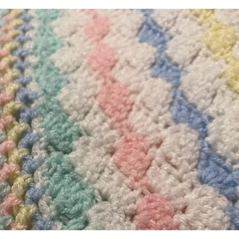 VTG 80s Handmade Crochet Baby Blanket Pastel Rainbow Stripe Shell Stitch Afghan